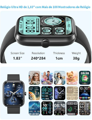 Smartwatch Relógio Inteligente, Tela HD de 1,83" Relógio Fitness com Alexa, 120 Esportes, Frequência Cardíaca e Monitoramento do Sono, IP68 à rova d'água, Compatível com Android iOS, 2 Pulseiras Preto